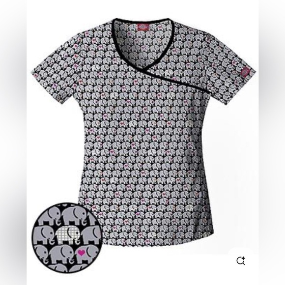 Dickies Mock Wrap Elephant In The Room Printed Scrub Top Women’s Size M Medical - Picture 1 of 9